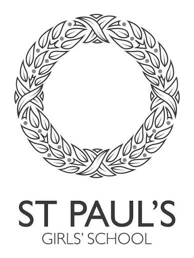 A black and white logo for St. Paul's Girls' School featuring a laurel wreath with the school's name beneath it.