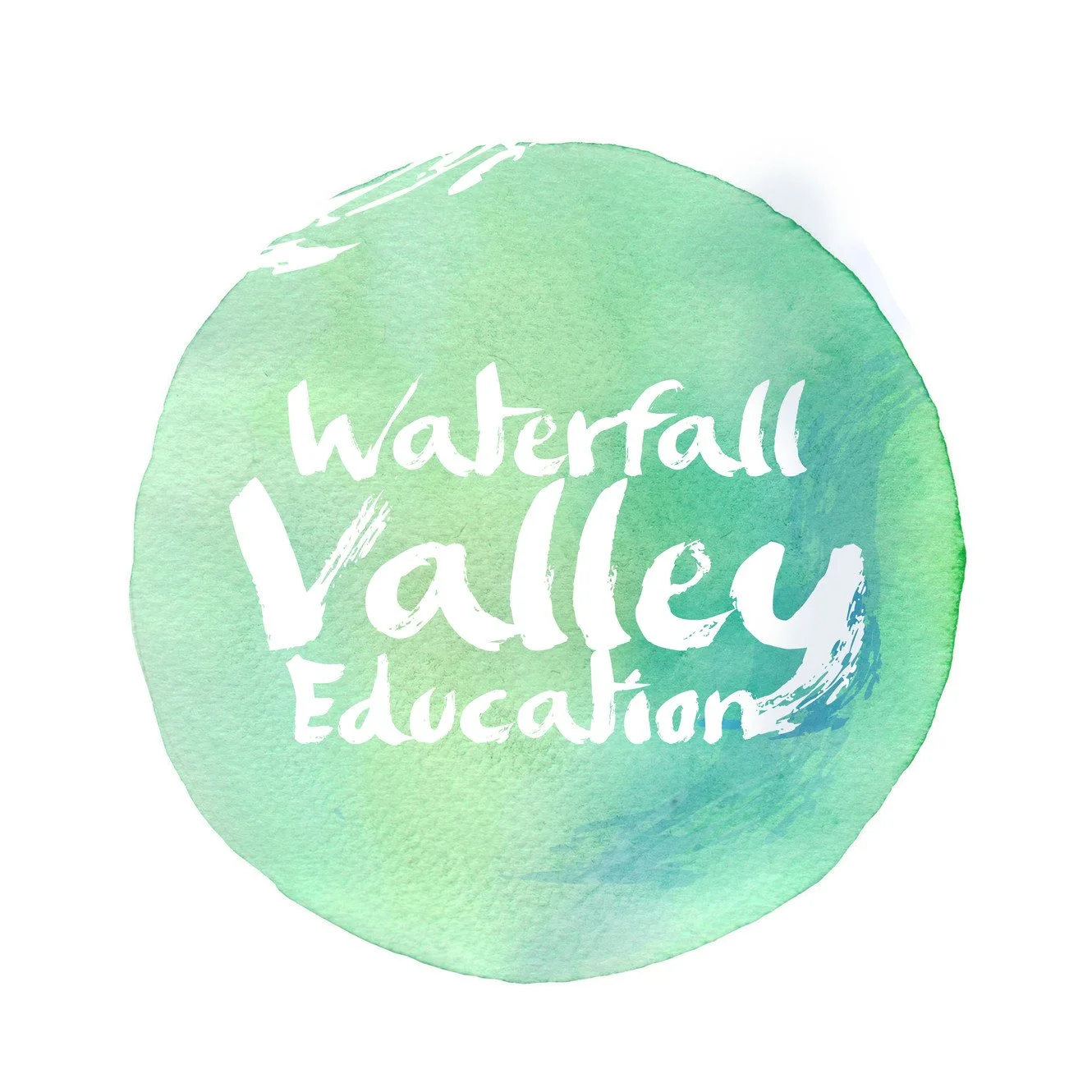 Watercolor illustration of a green circle with the words "Waterfall Valley Education" written inside in white, handwritten-style font.