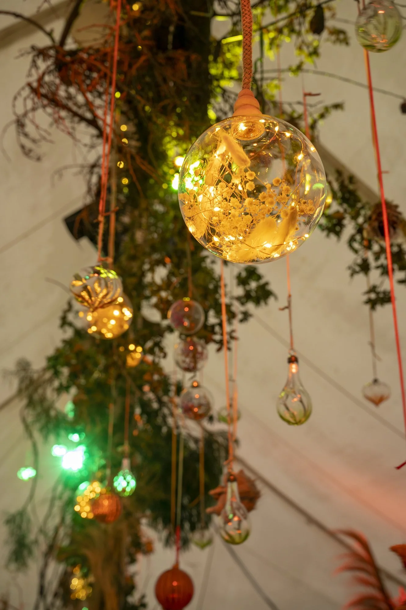 Close-up of a Christmas tree adorned with various ornaments, including a clear glass orb filled with dried flowers and small lights, with colorful lights in the background.