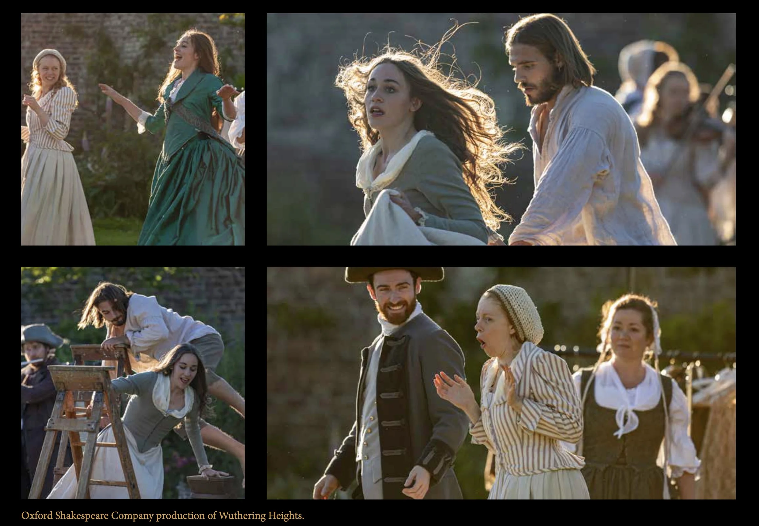 Scene from a Wuthering Heights production with actors in period costumes outdoors. Women are wearing long skirts and blouses, men are in waistcoats and shirts. Some characters are dancing, others are engaged in various activities, with greenery and a