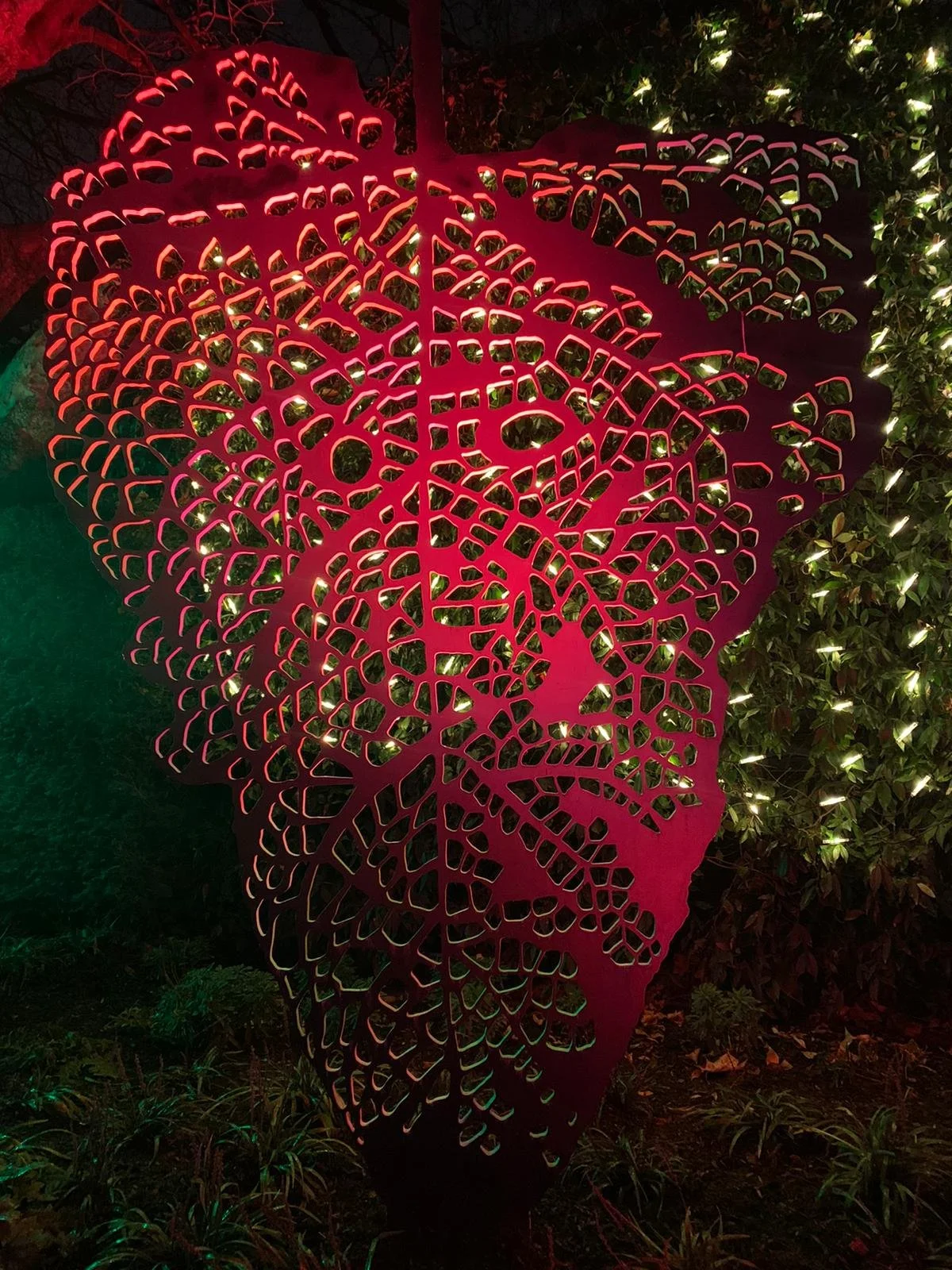 Metal sculpture with intricate, web-like patterns, illuminated in red and pink lights, surrounded by greenery with small lights at night.