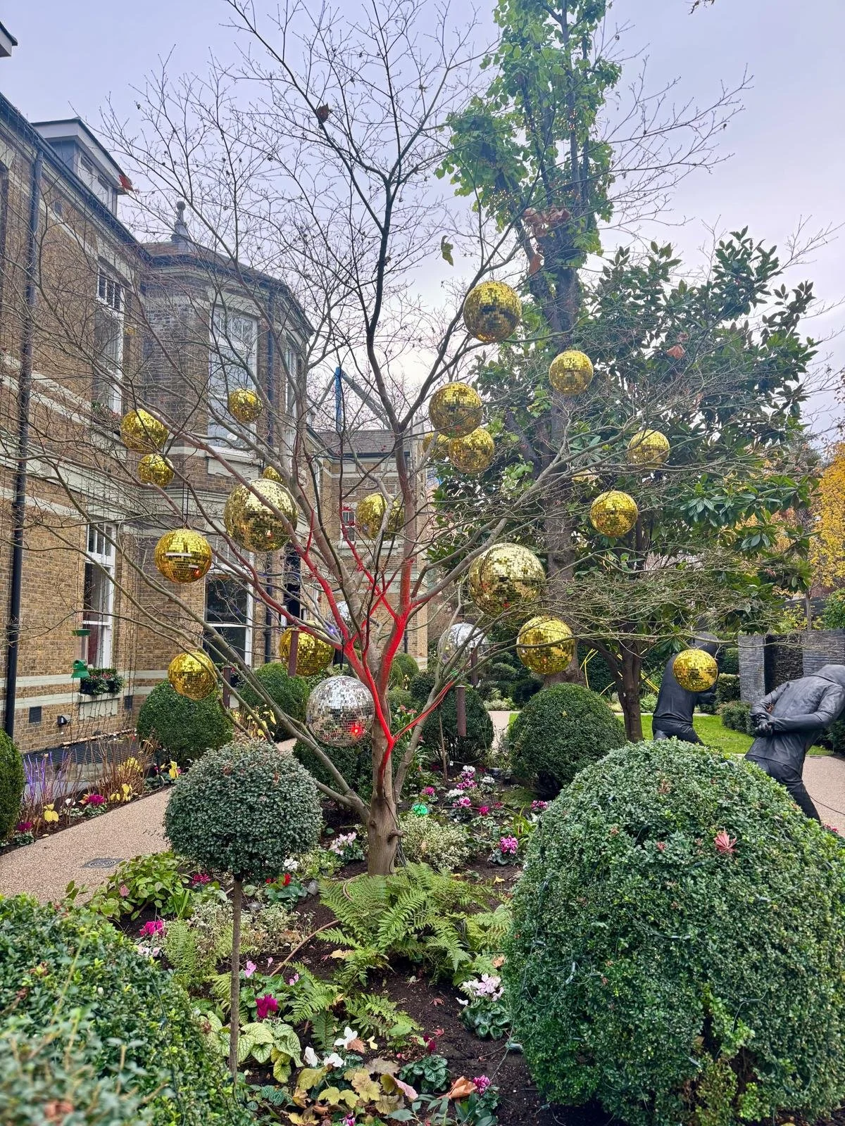 A tree decorated with gold and silver disco balls in a garden courtyard with plants and flowers, surrounded by older brick buildings.