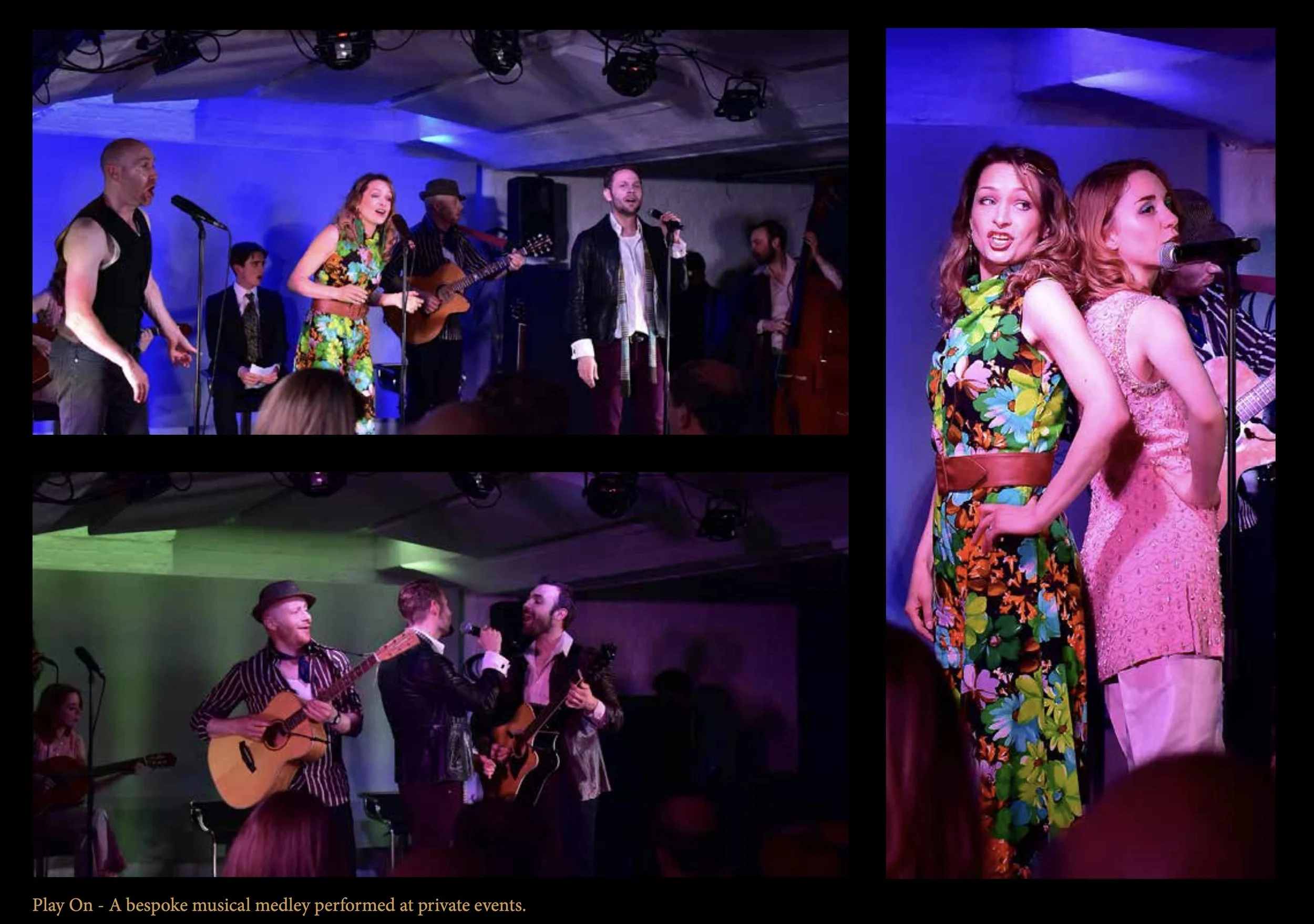 A musical performance at a private event featuring a group of musicians and singers. The performers include a woman in a colorful floral dress and a man in a black leather jacket singing into a microphone, and several musicians playing guitars. The s
