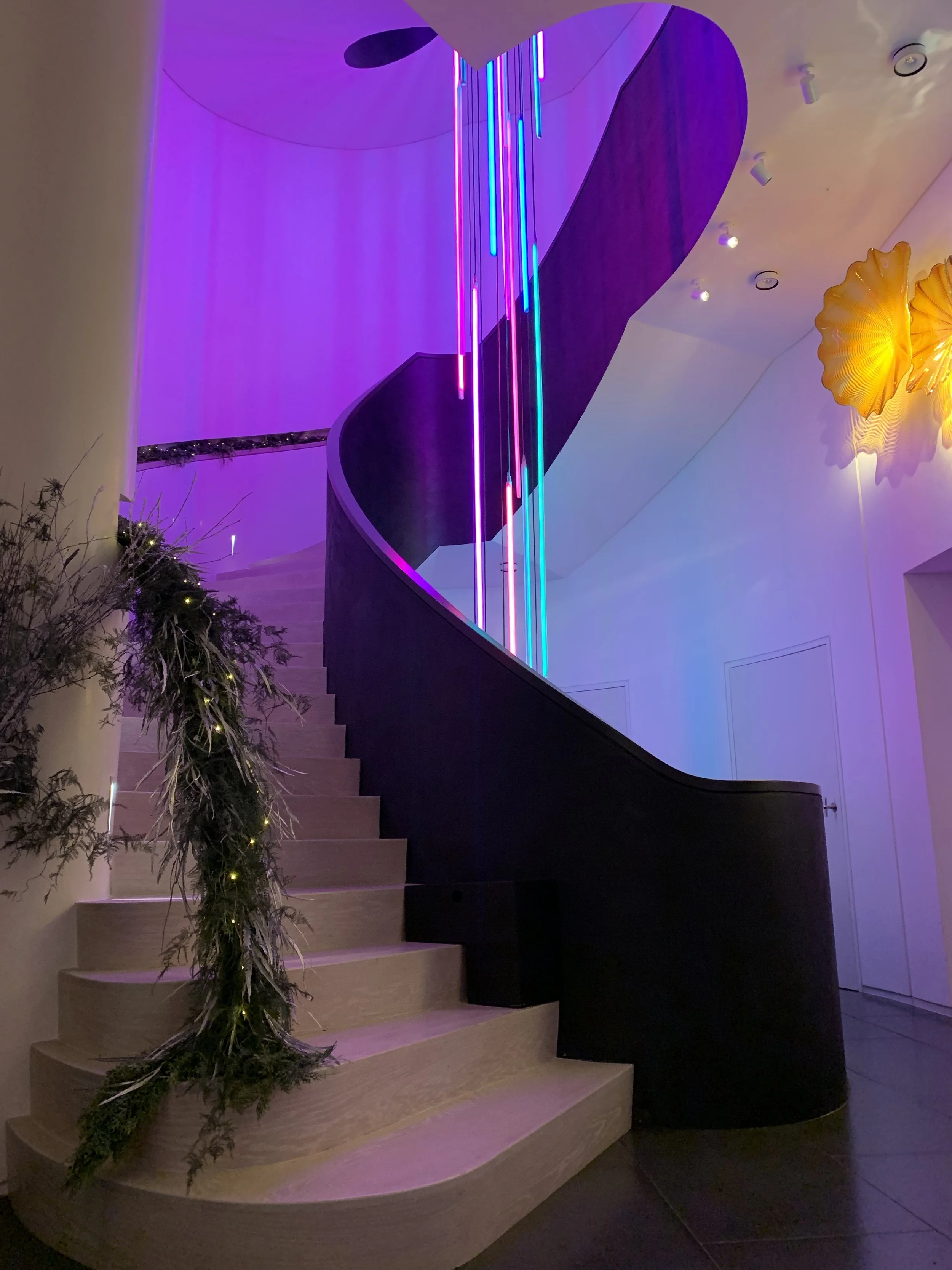 Interior view of a modern staircase with light-colored wooden steps, a black curved wall, and colorful vertical neon lights in purple, blue, and pink. The ceiling has spotlights and decorative yellow wall art resembling large leaves, with some plants