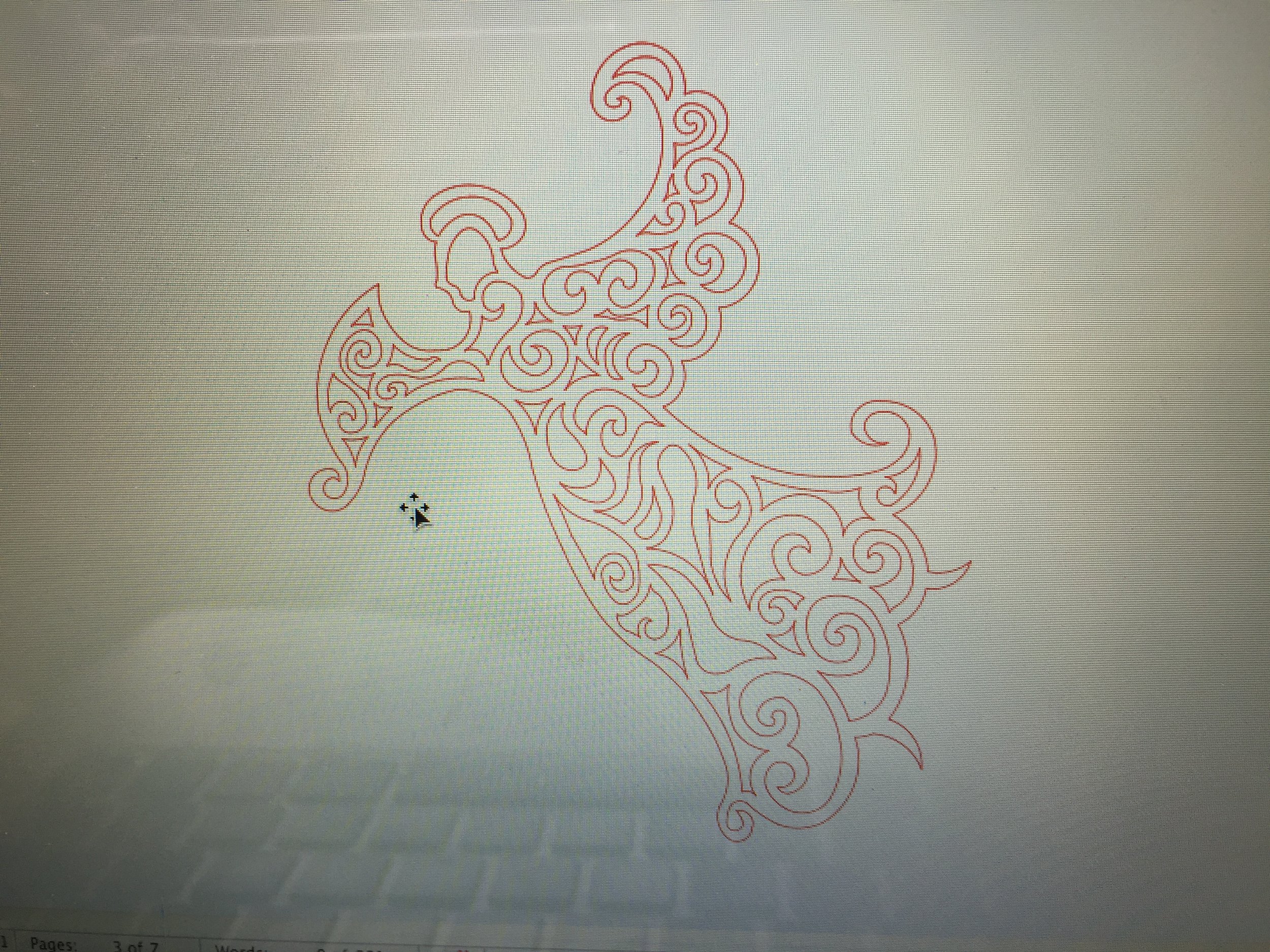 A red design with swirling, ornamental patterns on a white background.