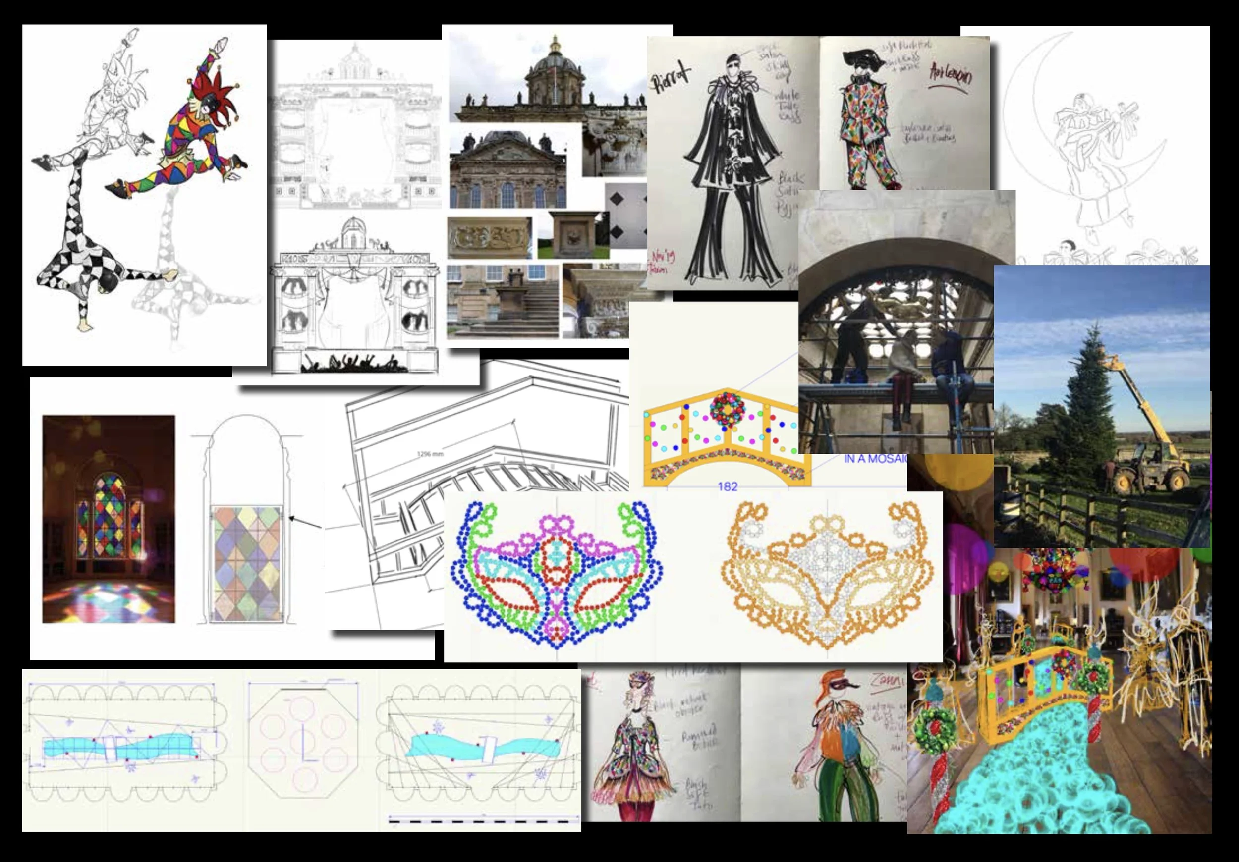A collage of images related to theater, architecture, fashion design, and holiday decorations, including sketches, photos of buildings, and colorful costumes.