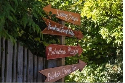 Wooden directional signs with place names, attached to a fence and surrounded by green trees.
