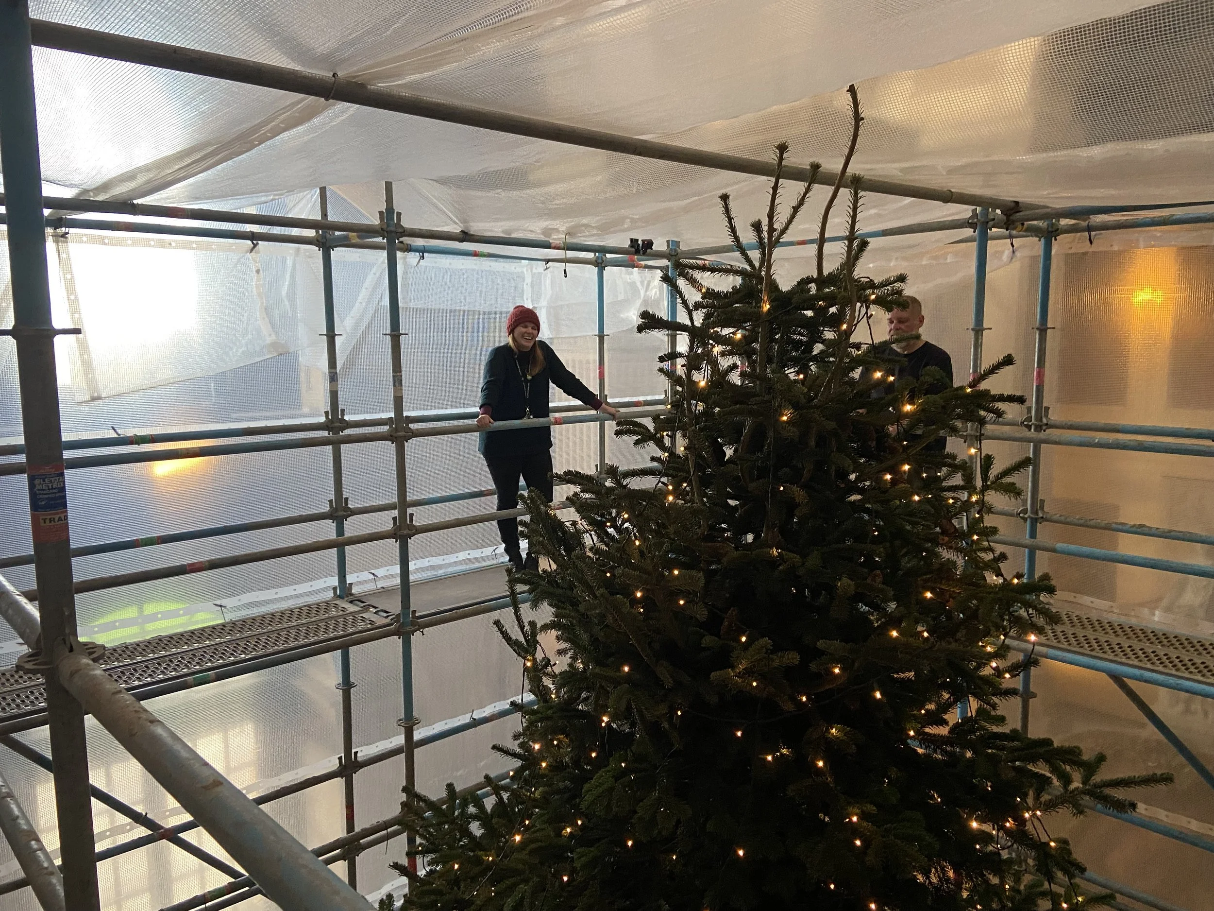 A person wearing a red beanie and dark clothing is smiling, standing next to a decorated Christmas tree with lights inside a scaffolded area with plastic sheeting, sunlight coming through.