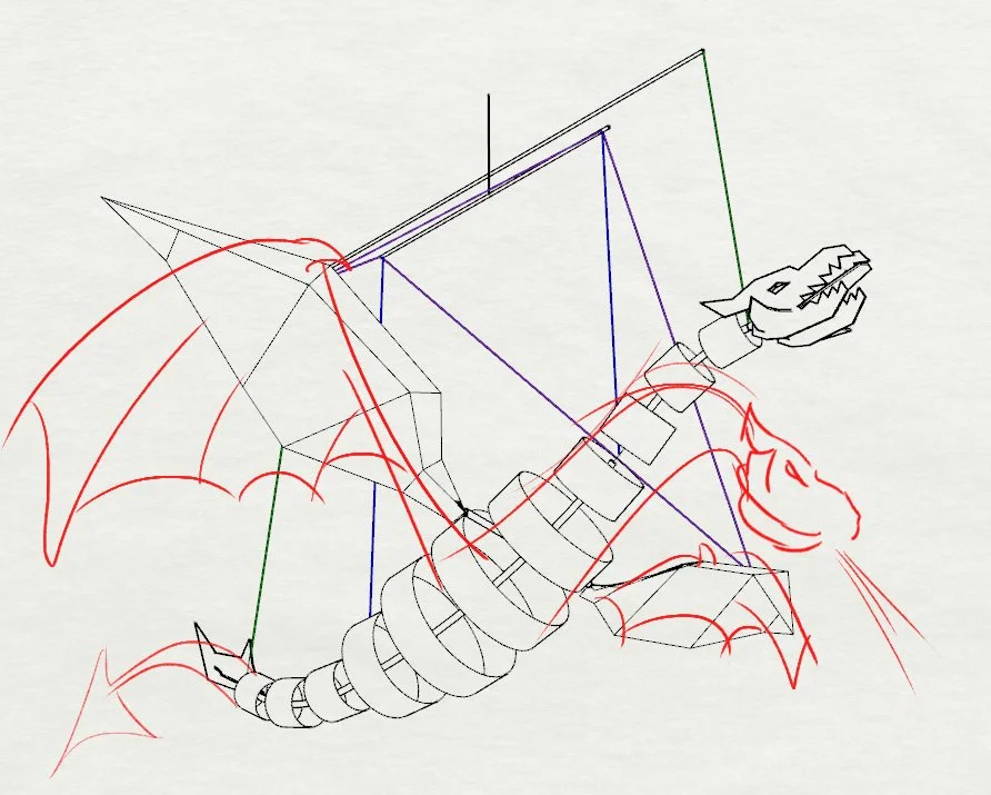 Technical drawing of a dragon with wings, horns, and a segmented tail, depicted with colored lines and construction lines.