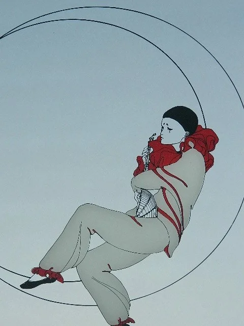 Illustration of a person with short hair in a red and beige outfit, sitting and holding a phone, with abstract curved lines in the background.