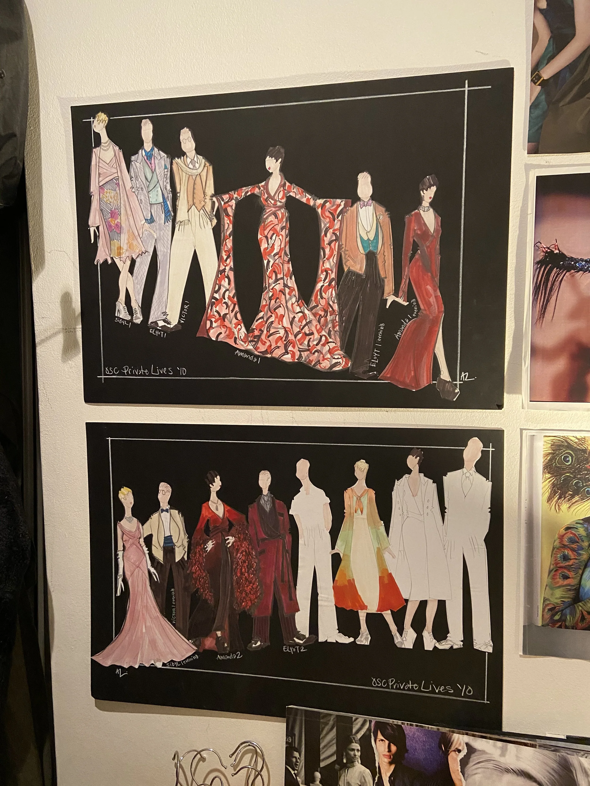 Colorful fashion sketches of various models in elegant evening attire on black background, signed by designers and titled 'JSC Private Lives 10'.