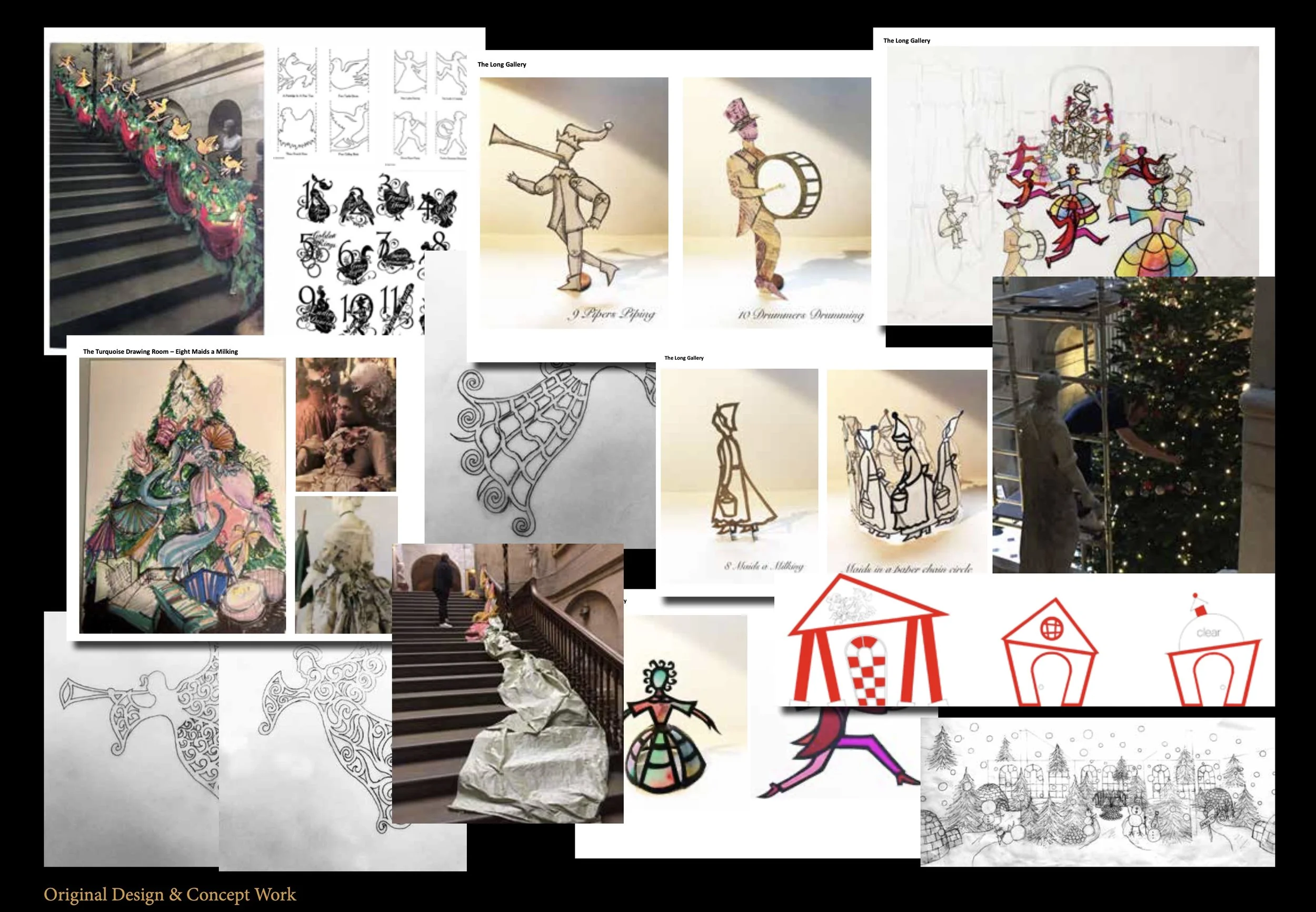 Collage of holiday-themed illustrations, sketches, and photographs, including a decorated staircase, a Christmas tree with ornaments, line drawings of dancing figures, whimsical characters, and a person working on a Christmas display or decoration.