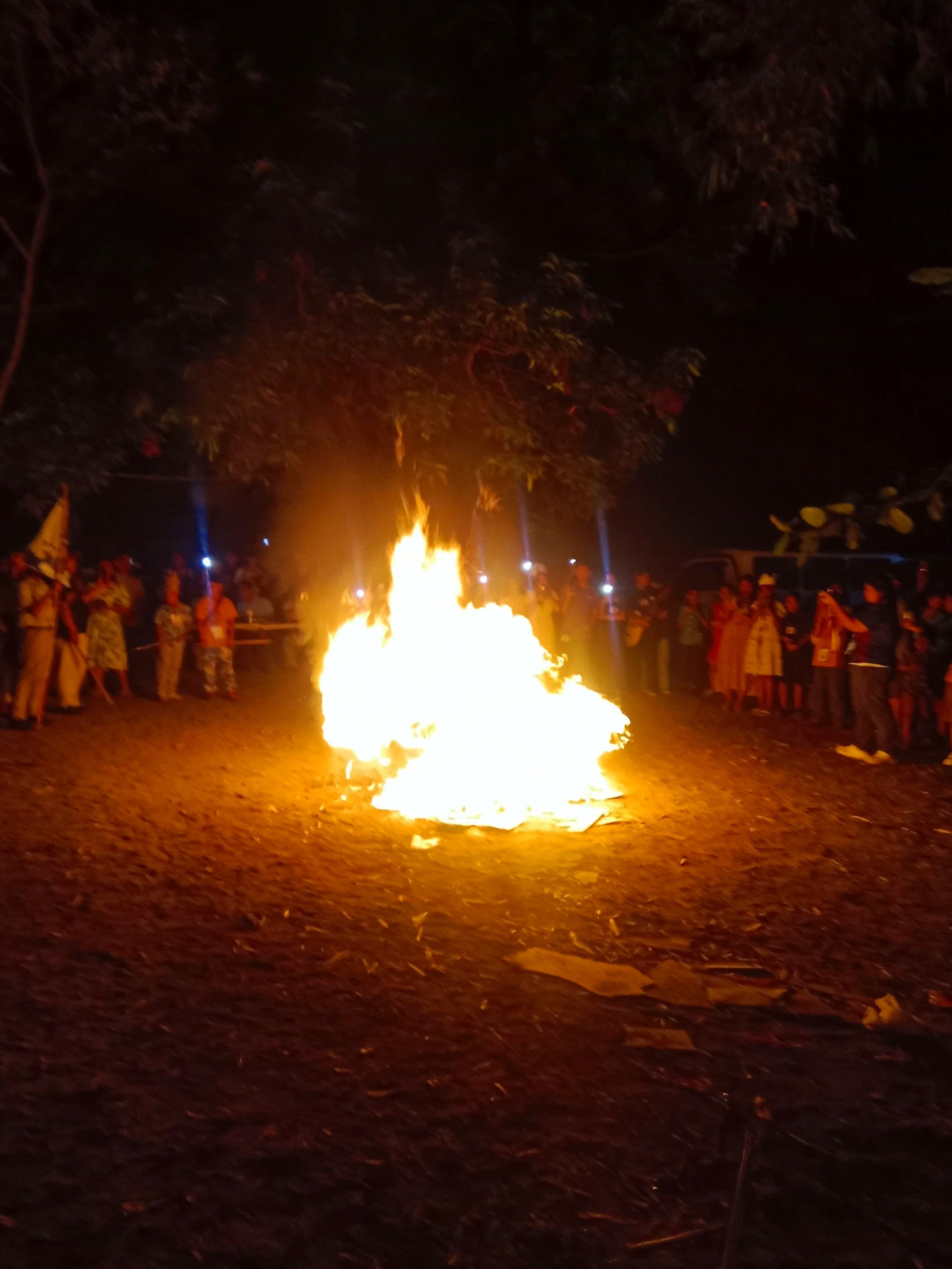 Nighttime scene of a bonfire with people gathered around, some in uniform, and large trees in the background.