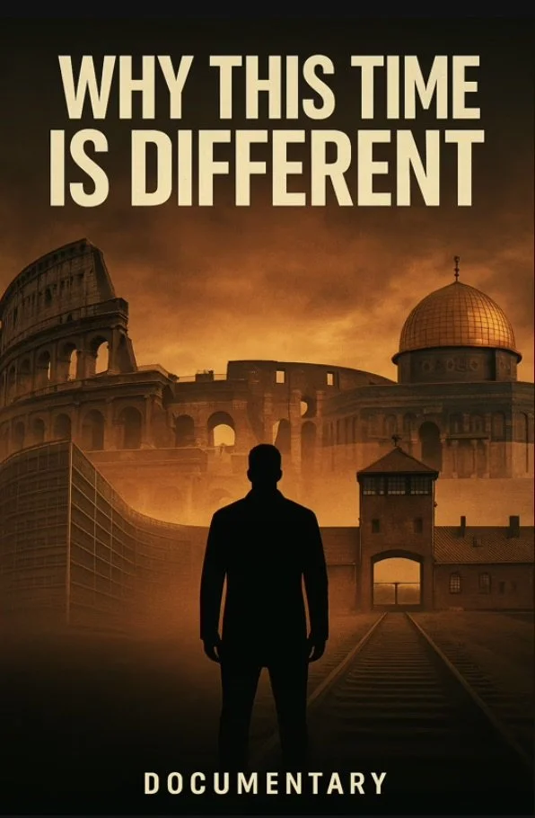 A silhouetted man standing before the Roman Colosseum, a replica of the Roman Forum, and a historic building with a dome, all against a dramatic sunset sky. The text reads "Why this time is different" and "Documentary."