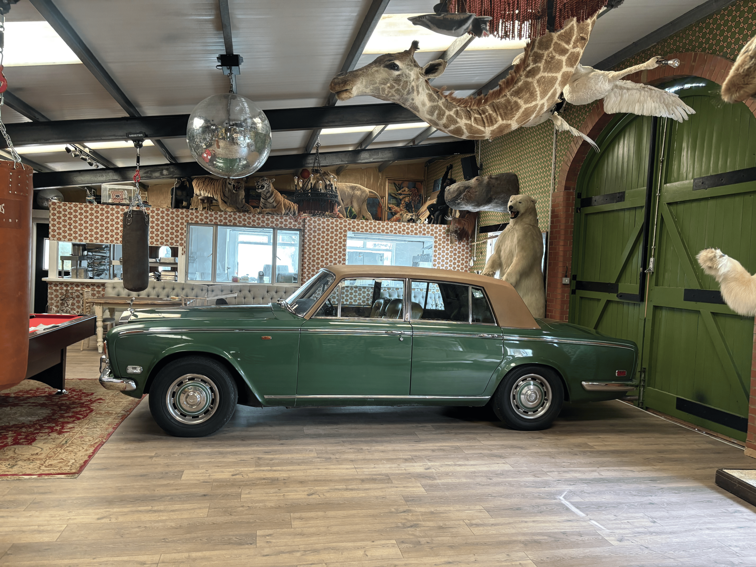 A green vintage car parked indoors with majestic animal statues, including a giraffe, bear, tiger, and other exotic animals, mounted on the walls and ceiling.