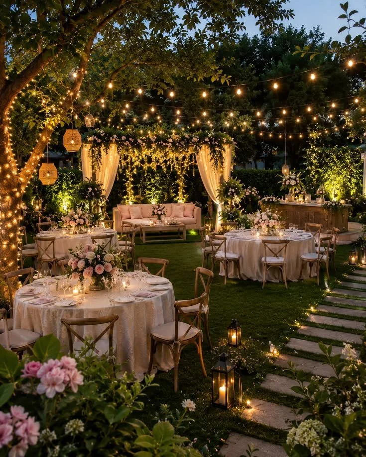 Outdoor evening wedding setup with string lights, floral arrangements, and reception tables on grass.