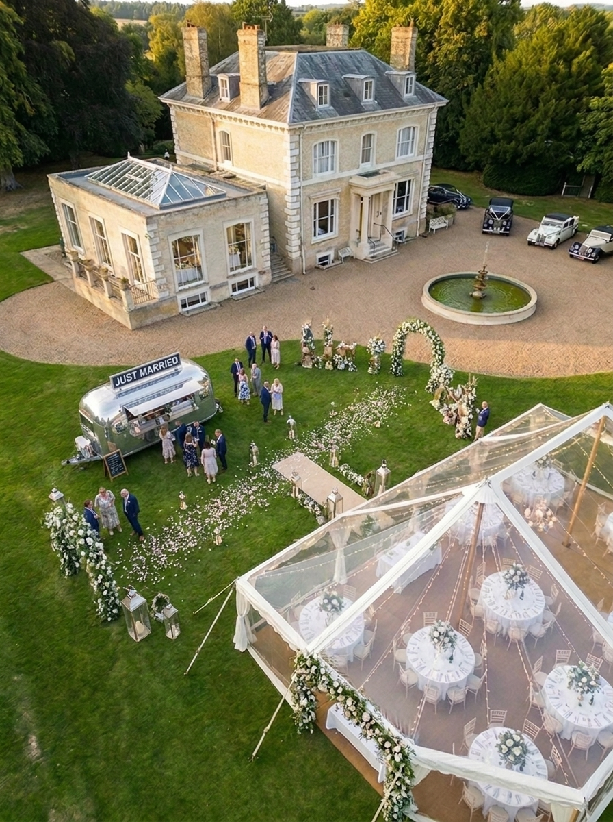 A wedding celebration in the garden of a large mansion with a vintage Airstream trailer that reads "JUST MARRIED". Guests are gathered around floral decorations, with a large decorated tent and a fountain on the property.