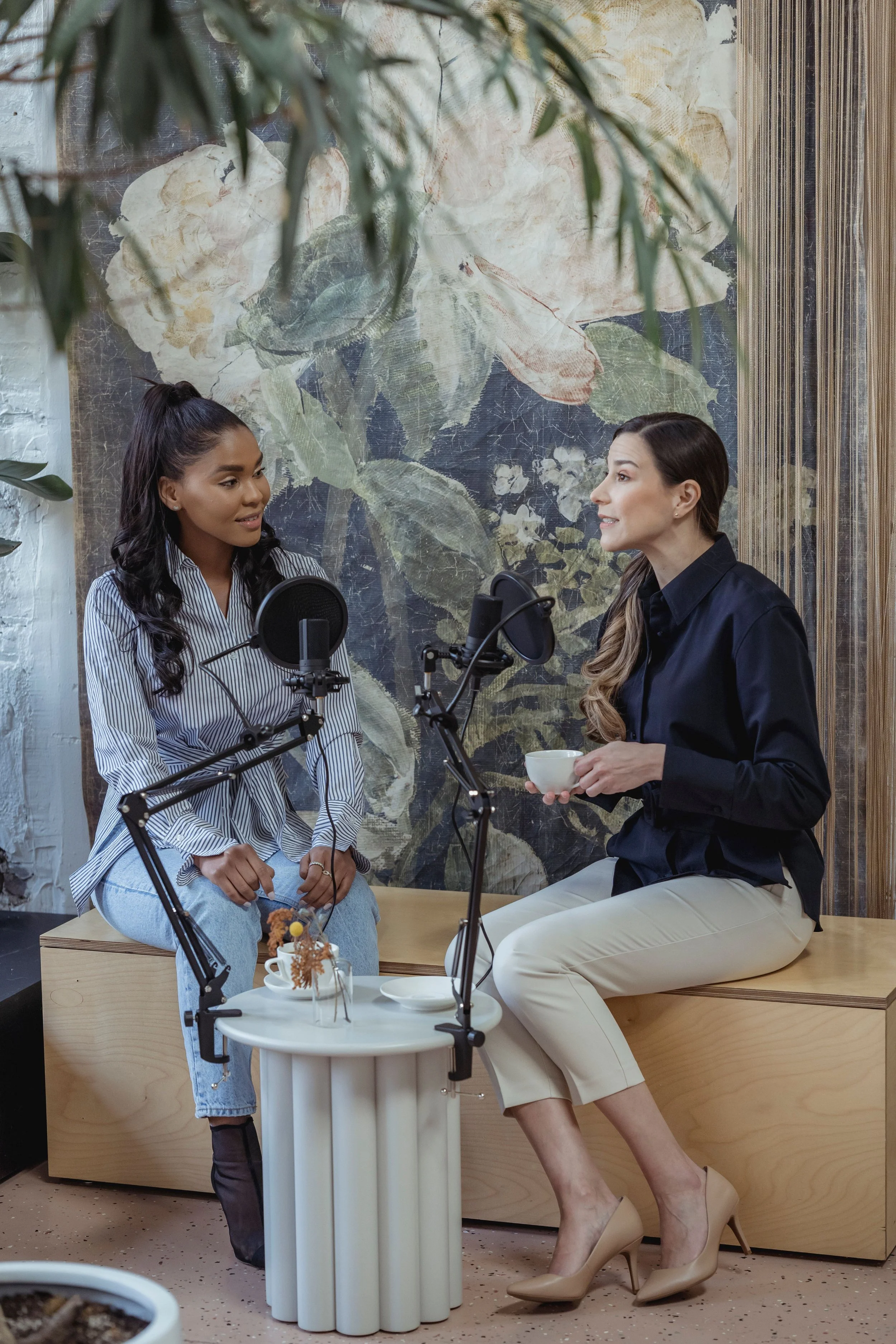 girls in a podcast, two microphones, sat in front of an interesting wallpaper