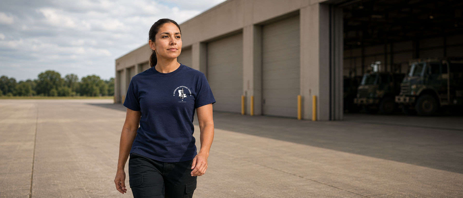 Woman wearing Navy Camp Beauregard Morale Shirt