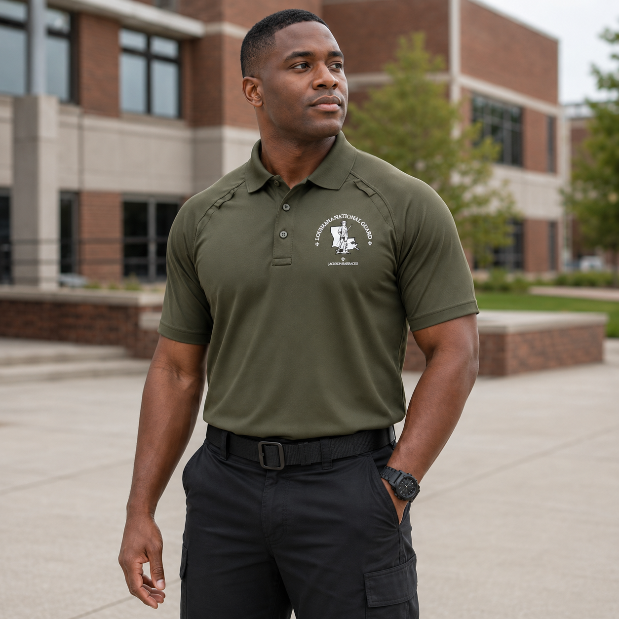 Gentleman wearing a olive tactical with the Jackson Barracks logo on it - Jackson Barracks Post Exchange