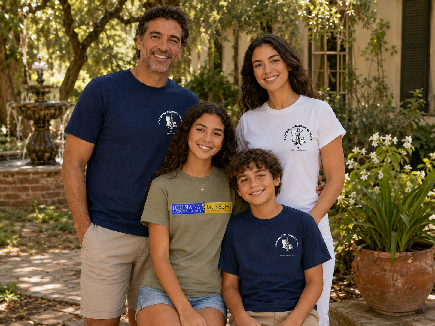 Family wearing different versions of the Jackson Barracks Post Exchange Morale Shirts