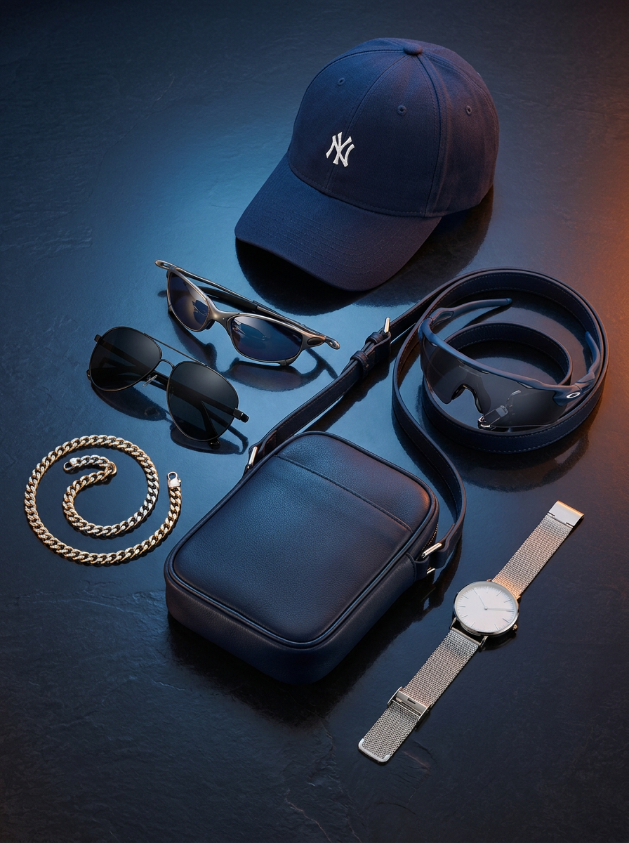 Chapéu azul com logotipo da New York Yankees, óculos de sol, óculos de proteção para esportes, relógio de pulso, bolsa pequena azul, colar de correntes douradas, óculos de grau, bracelete de malha prateada.