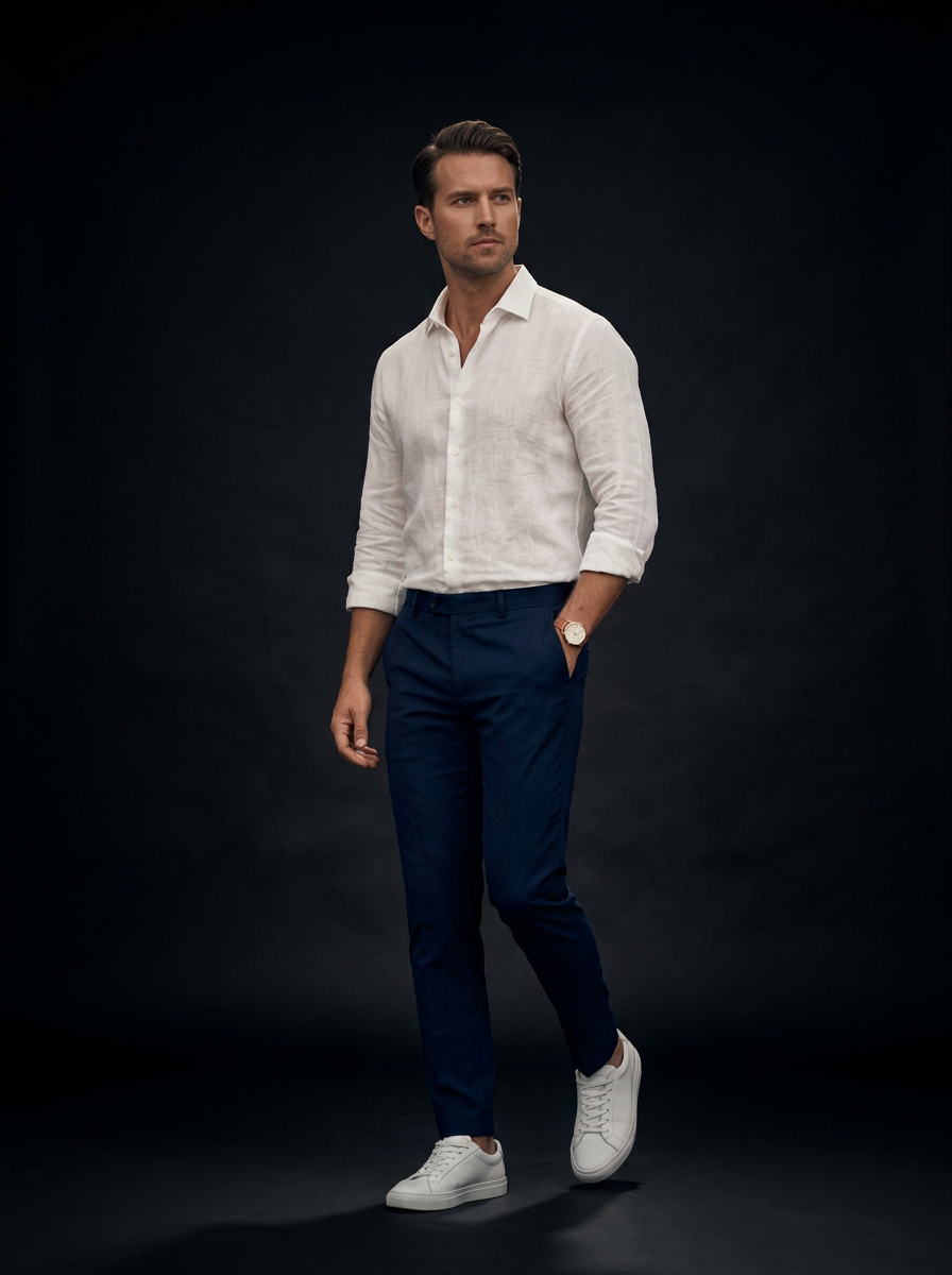 Homem de negócios com camisa branca e calça azul escura, usando tênis brancos, posando contra fundo escuro.