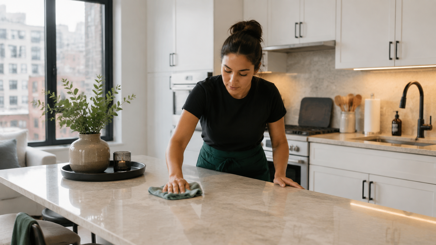 Professional cleaner wiping a kitchen counter in a New York City apartment