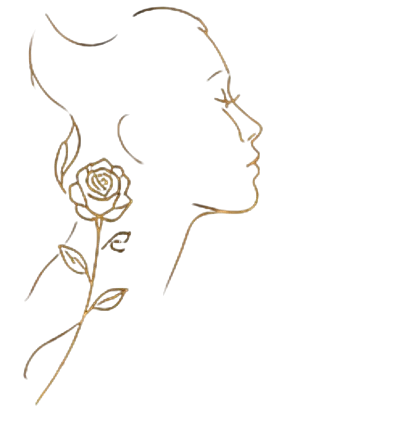 Line drawing of a woman in profile with a rose behind her ear.