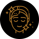 Stylized illustration of a woman's face with a calm expression, stars, and sparkles around her head, in gold color.