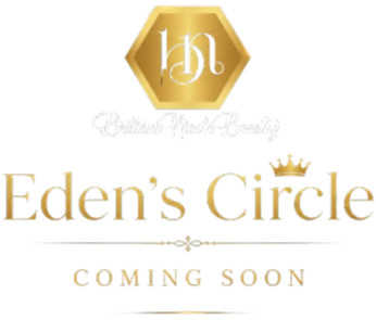 Promotional graphic for Eden's Circle, a beauty brand, with a gold hexagon logo, crown icon, and text indicating the brand is coming soon.
