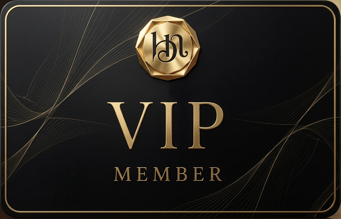 Black VIP membership card with gold accents and a gold emblem at the top center.