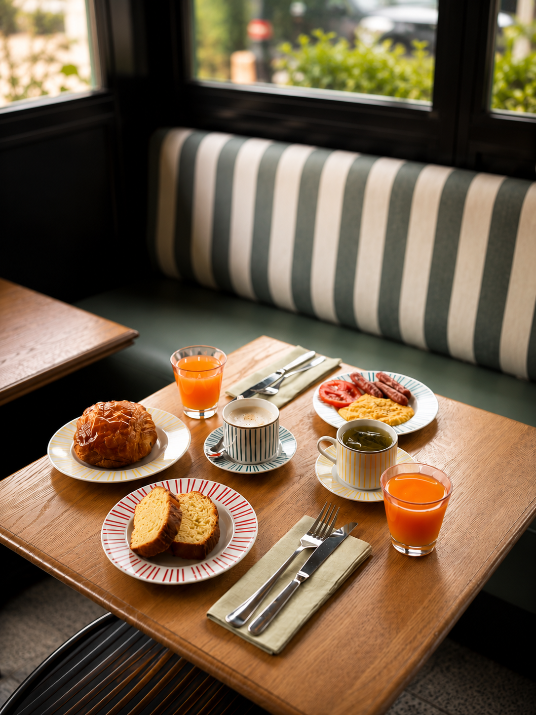 Petit déjeuner avec une brioche, un œuf brouillé, une soupe, des tranches de cake, un verre de jus d'orange, un café dans une tasse, et du thé, sur une table en bois près d'une fenêtre. Art de la table sur mesure réalisé pour l'hôtel EH OH