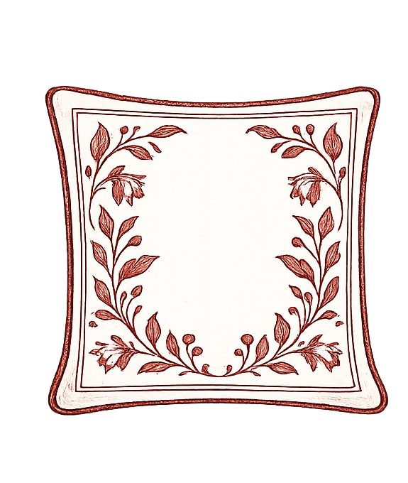 Coussin carré blanc avec une bordure rouge et un motif floral rouge, composé de feuilles et de fleurs, dessiné en style élégant.