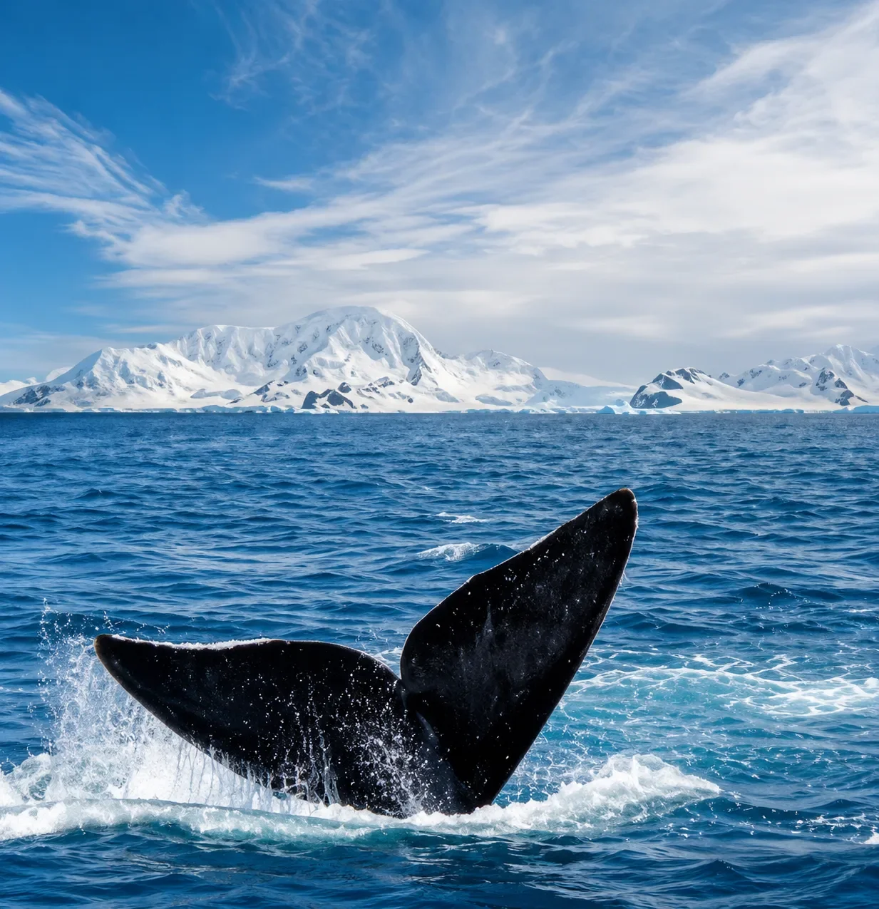 A whale's tail rising out of the ocean with ice-covered mountains in the background under a blue sky.
