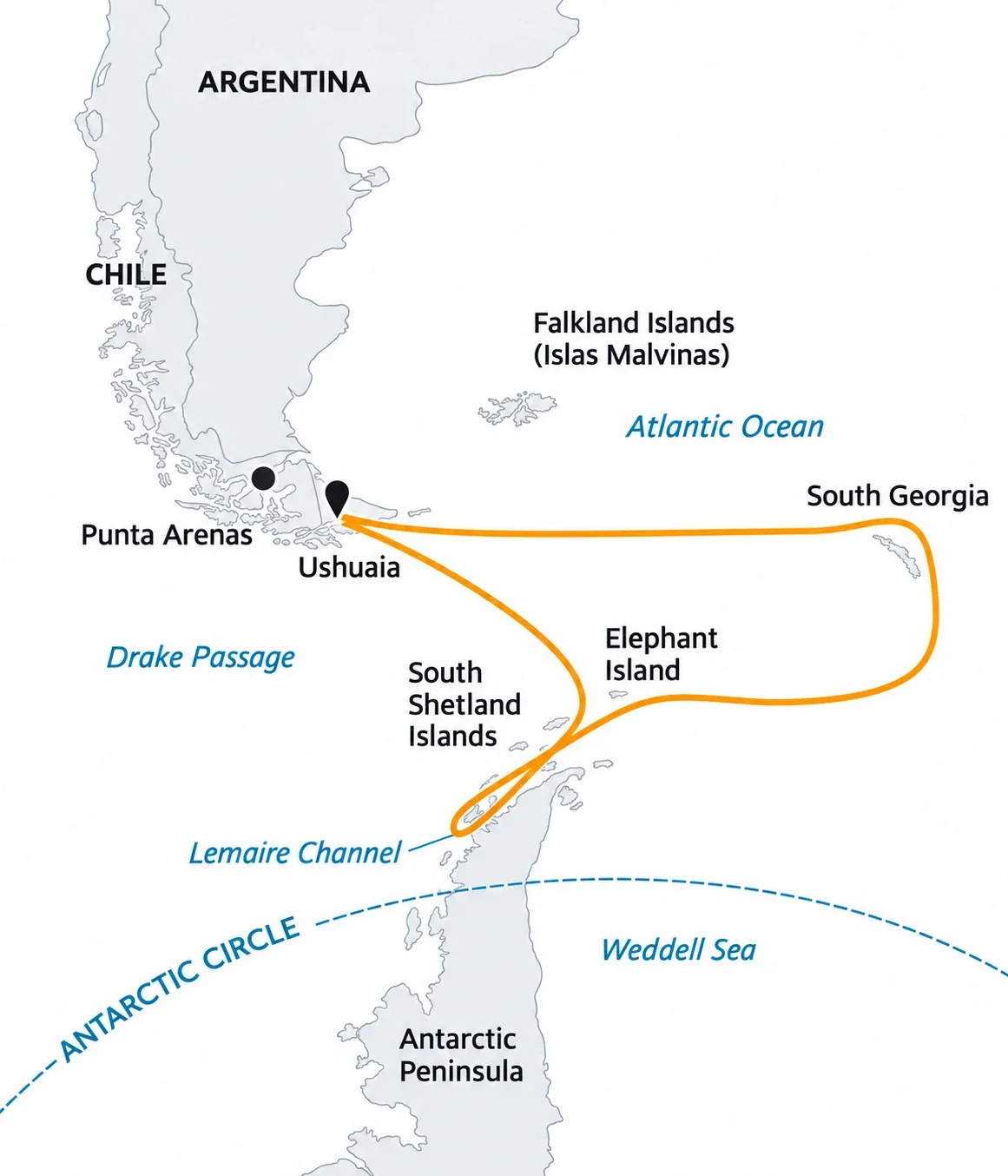 Map of the southern tip of South America showing routes from Ushuaia to South Georgia and Elephant Island, with labels for nearby islands and bodies of water.