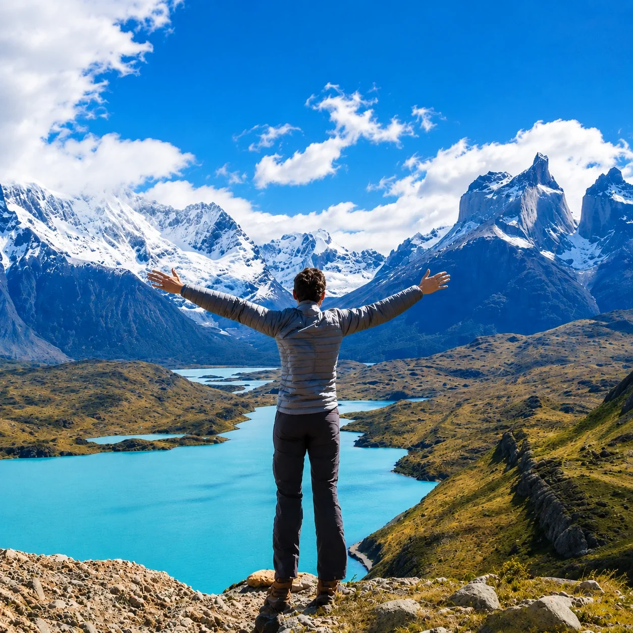 A person standing with arms outstretched overlooking a scenic landscape of snow-capped mountains, a winding blue lake, and green hills under a blue sky with white clouds.