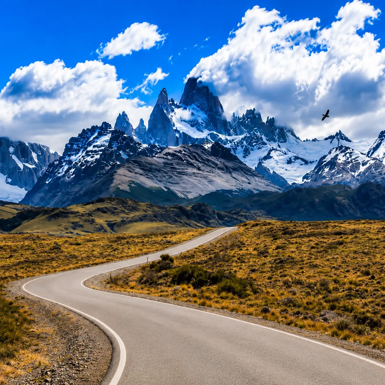 Winding road through grassy plains leading to snow-capped mountains under a blue sky with clouds and a bird flying.