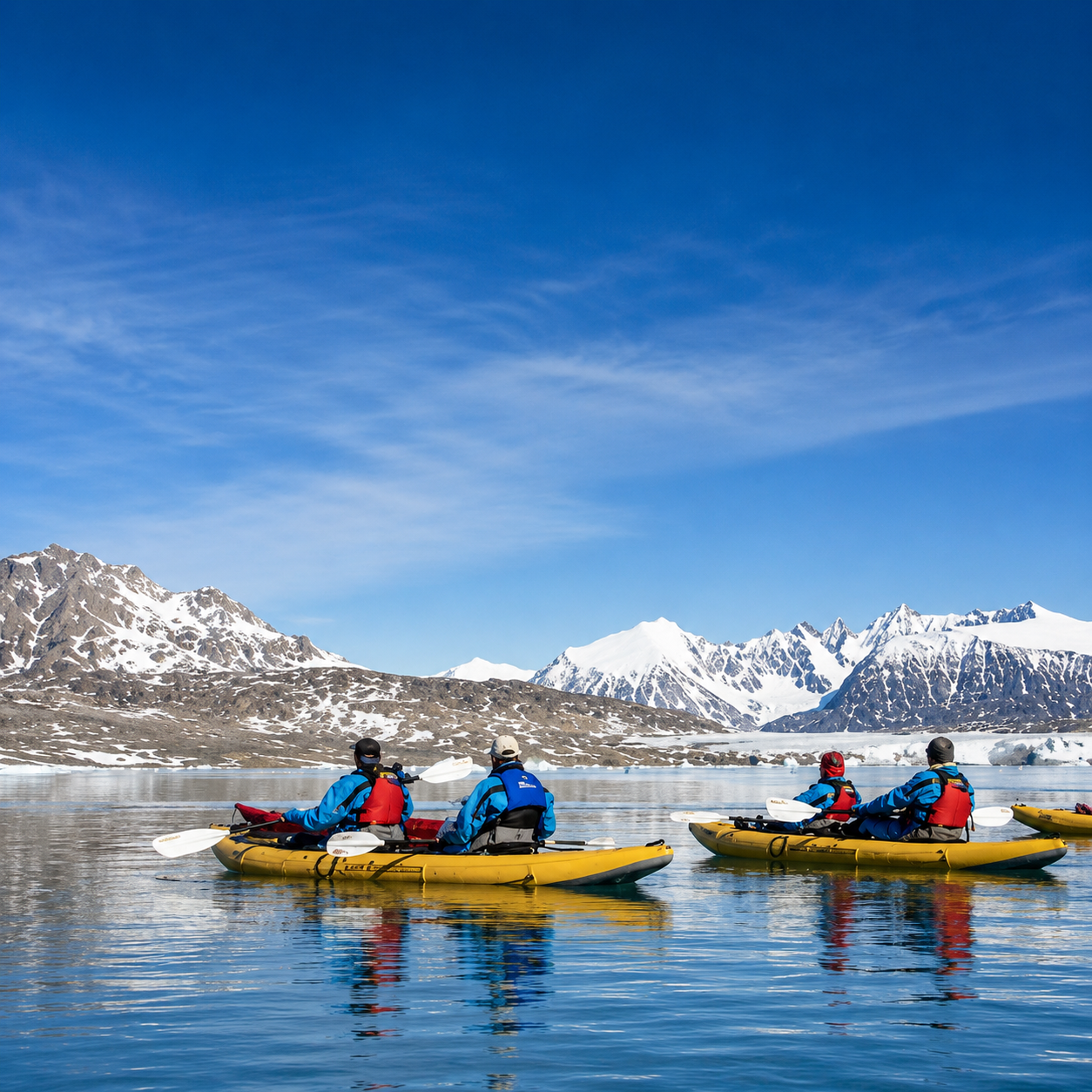 Four people kayaking on a calm lake with snow-capped mountains in the background under a clear blue sky.