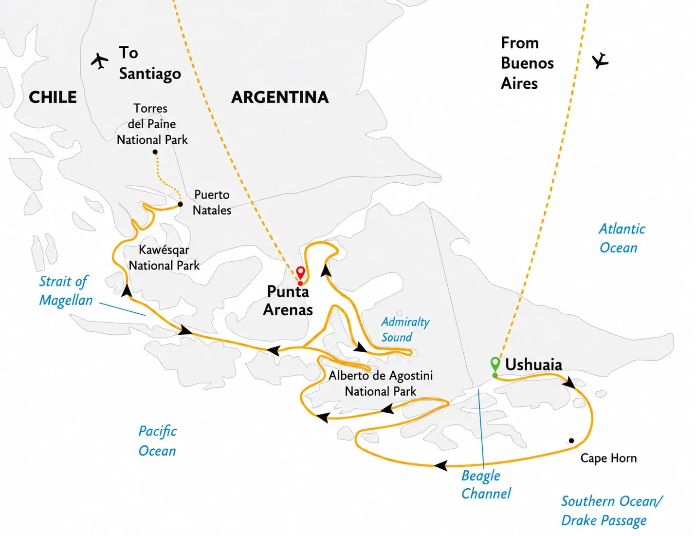 Map of a cruise route along the southern coast of South America, starting in Ushuaia, Argentina, heading through Beagle Channel to Cape Horn, then along the Atlantic Ocean to Punta Arenas, Chile, passing through several national parks and cities, including Puerto Natales and Torres del Paine, before returning to Ushuaia.