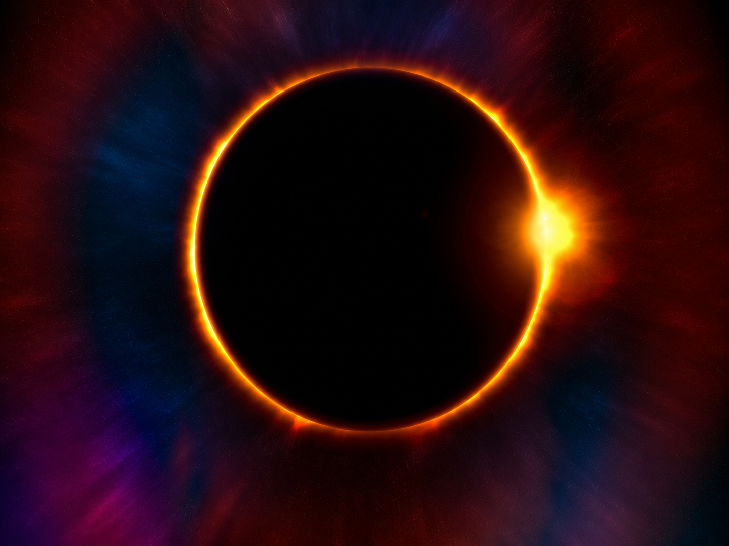 An artistic depiction of a solar eclipse with the moon covering the sun, revealing the sun's corona around the lunar shadow, with a colorful background of space.