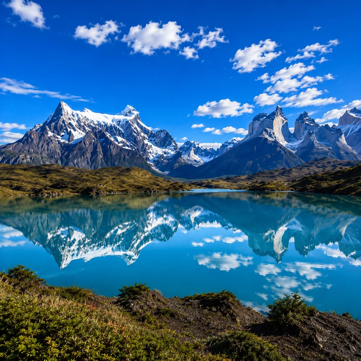 Snow-capped mountains reflected in a calm lake under a blue sky with scattered clouds.