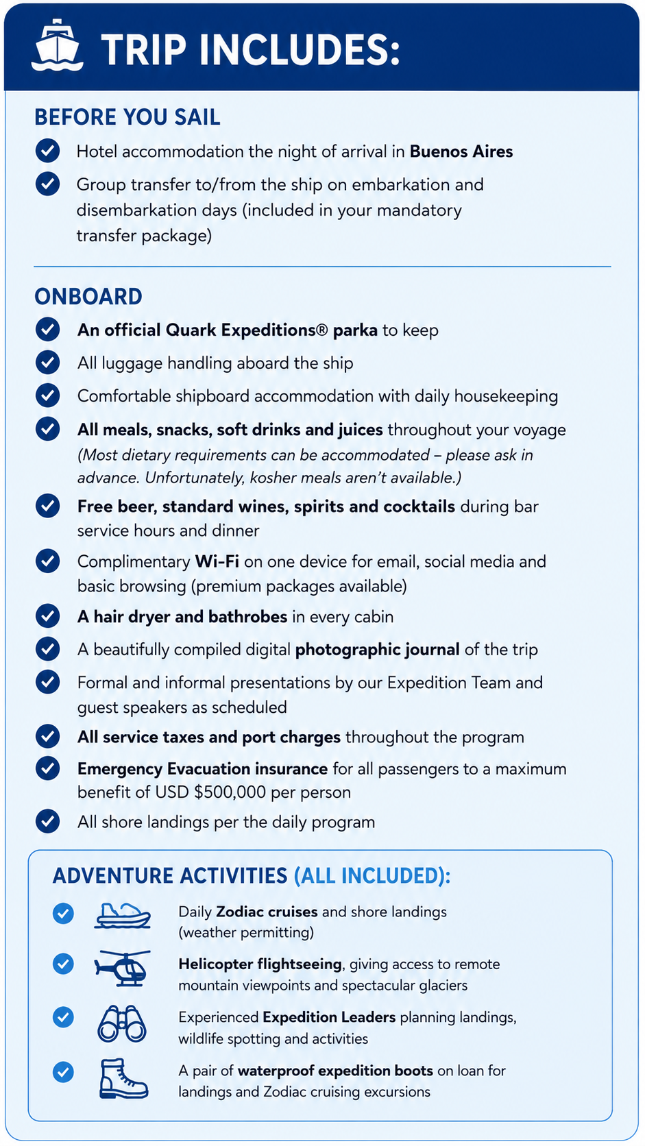 An informational poster outlining what is included in a cruise trip, divided into sections for before sailing, onboard amenities, and adventure activities. The poster lists services such as hotel accommodations in Buenos Aires, luggage handling, shipboard accommodation, meals, drinks, Wi-Fi, hair dryer, digital journal, taxes, insurance, shore landings, and various adventure activities like zodiac cruises, helicopter flightseeing, expedition planning, and waterproof expedition boots.