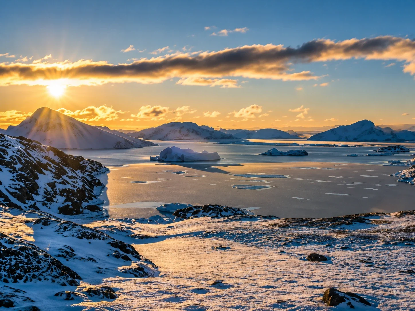 A scenic view of an icy landscape at sunset with snow-covered mountains, floating icebergs, and a body of water reflecting the golden light.
