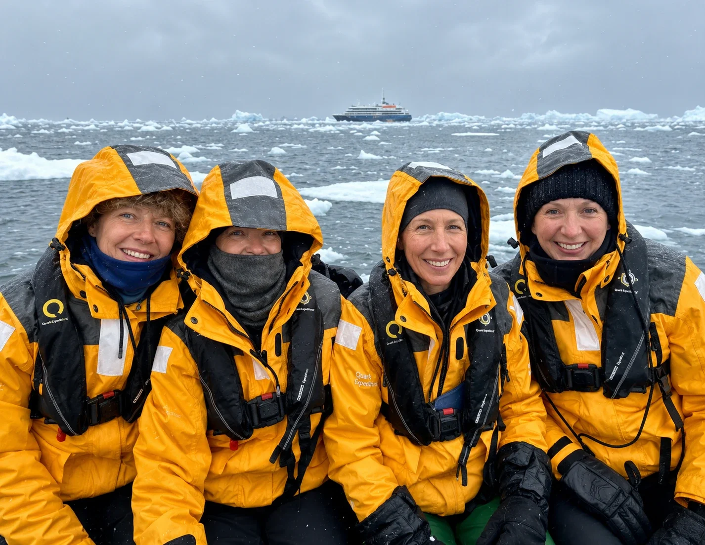 Four women in yellow waterproof jackets and black hats, smiling, on a boat in icy waters with floating ice and a ship in the background under cloudy skies.