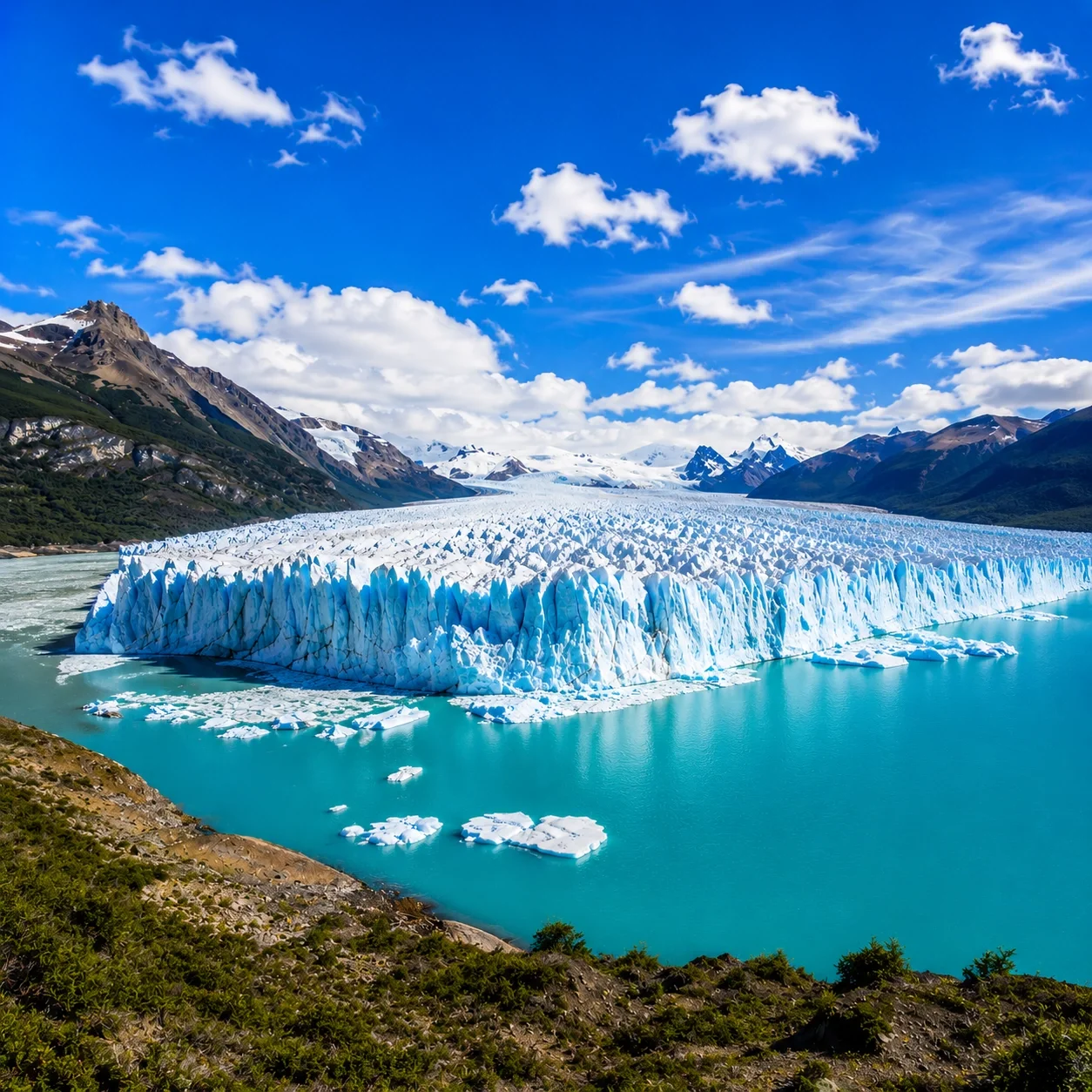 A large glacier with jagged edges extends into a body of turquoise water, surrounded by snow-capped mountains under a partly cloudy blue sky.
