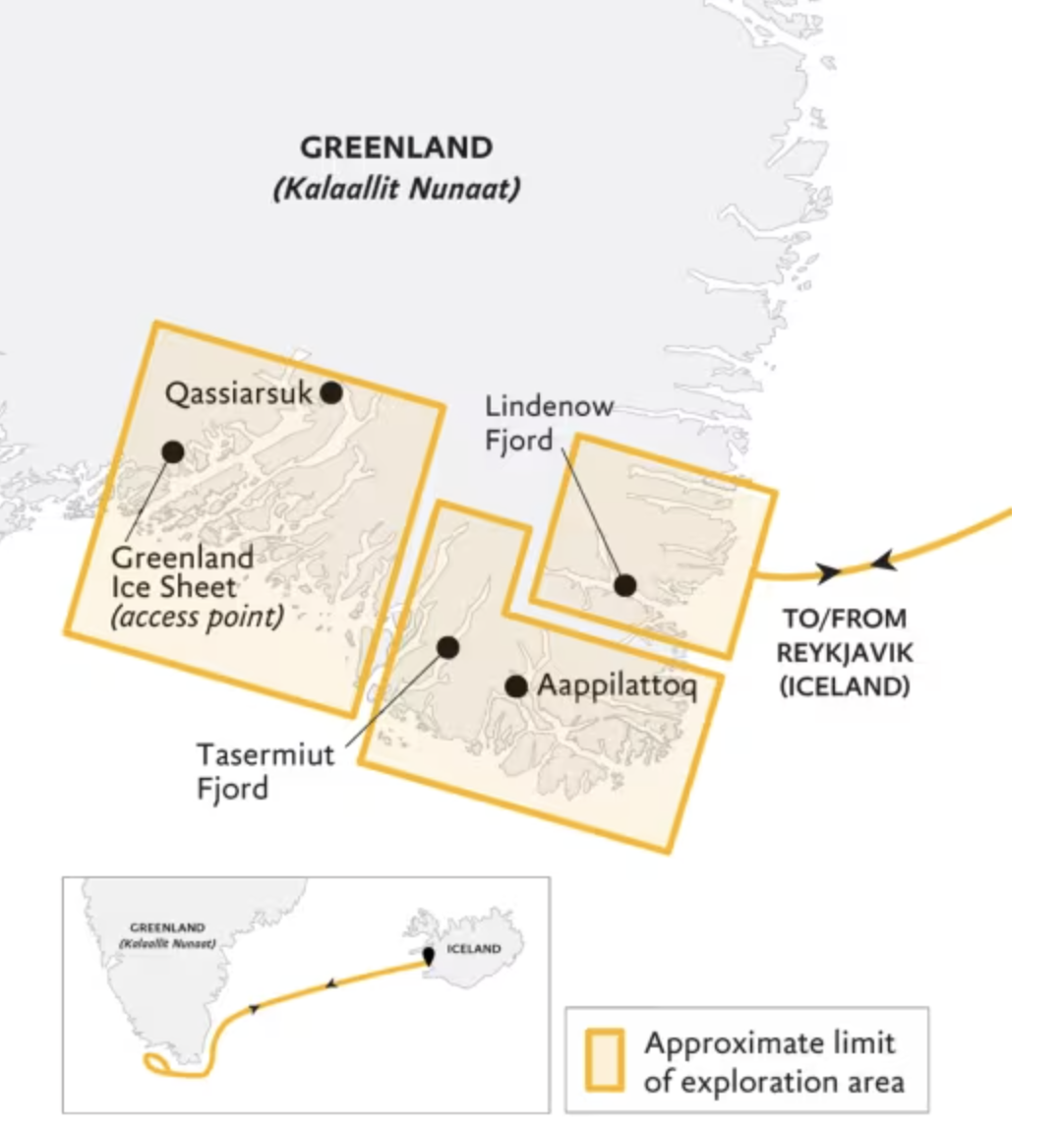 Map showing exploration area around Greenland, including Queen Margaret Island, Qassiarsuk, Aappilattoq, and Tassermiut Fjord, with routes to and from Reykjavik, Iceland.