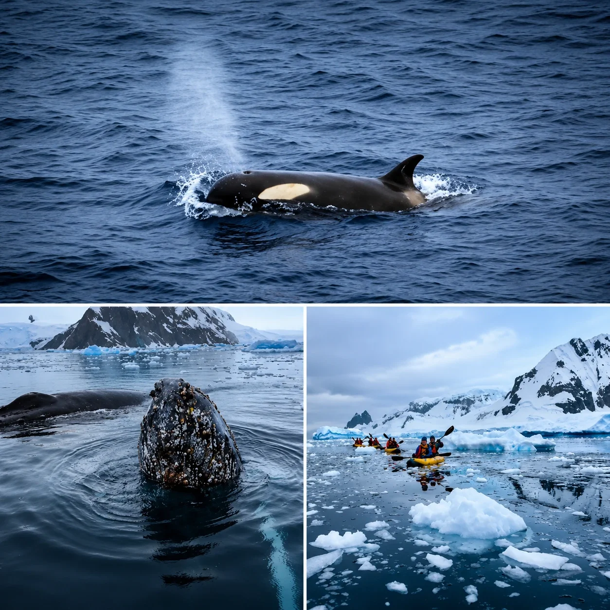 A collage of three scenes in icy Arctic waters: a killer whale breaching the water, a humpback whale with barnacles on its head, and a group of kayakers paddling through floating ice near snow-covered mountains.