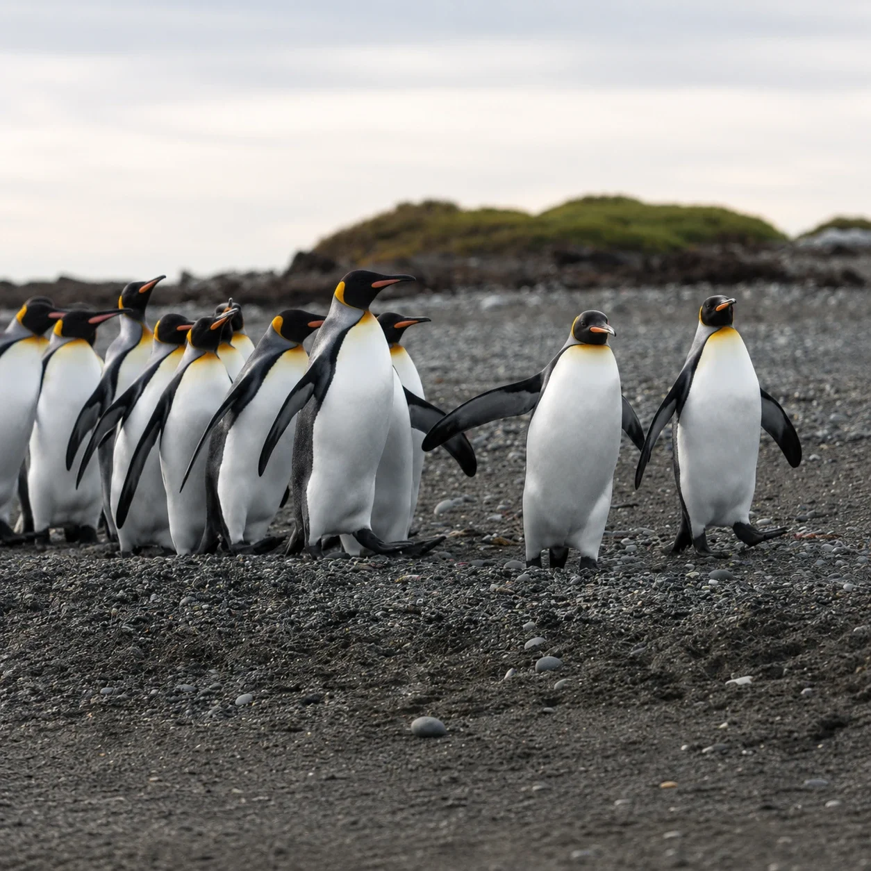 A group of penguins walking on a black sandy beach with some green hills in the background under a cloudy sky.