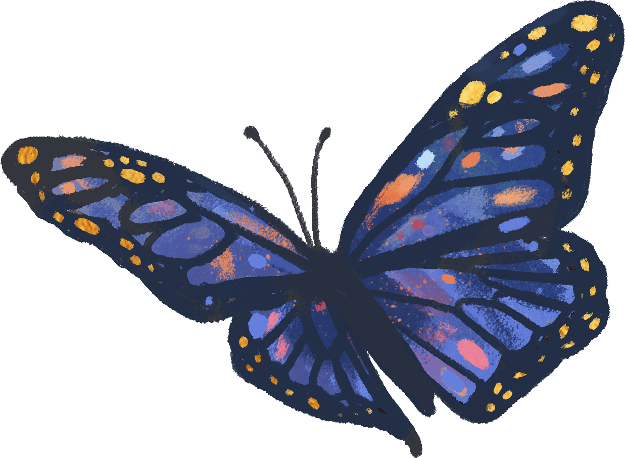 blau-oranger illustrierter Schmetterling, fliegend